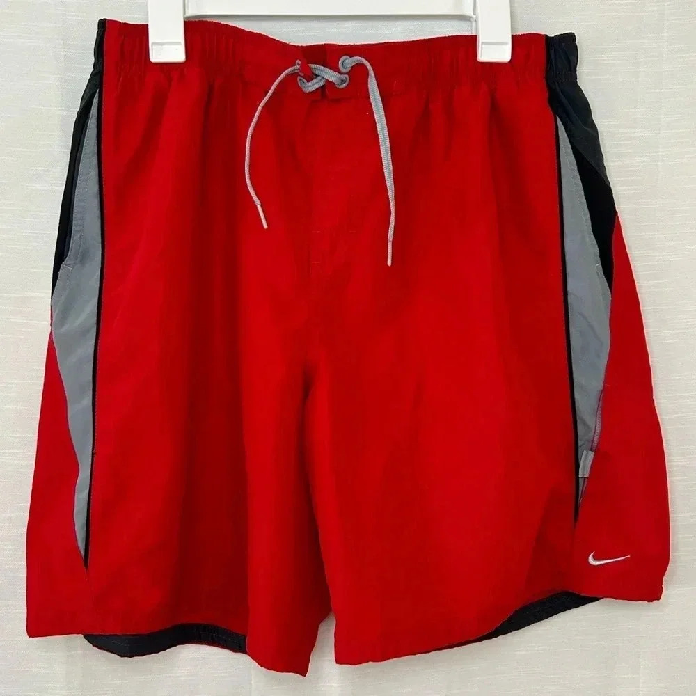 Nike Board Shorts Swim Trunks Flat Front Bright Red Swoosh